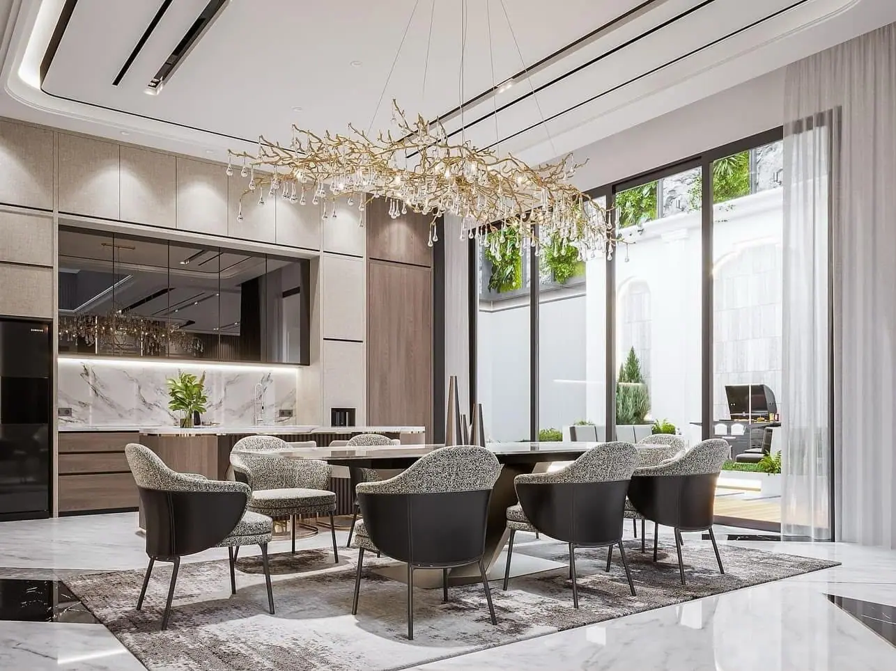 Dining area design with a sculptural chandelier and full-height glazing
