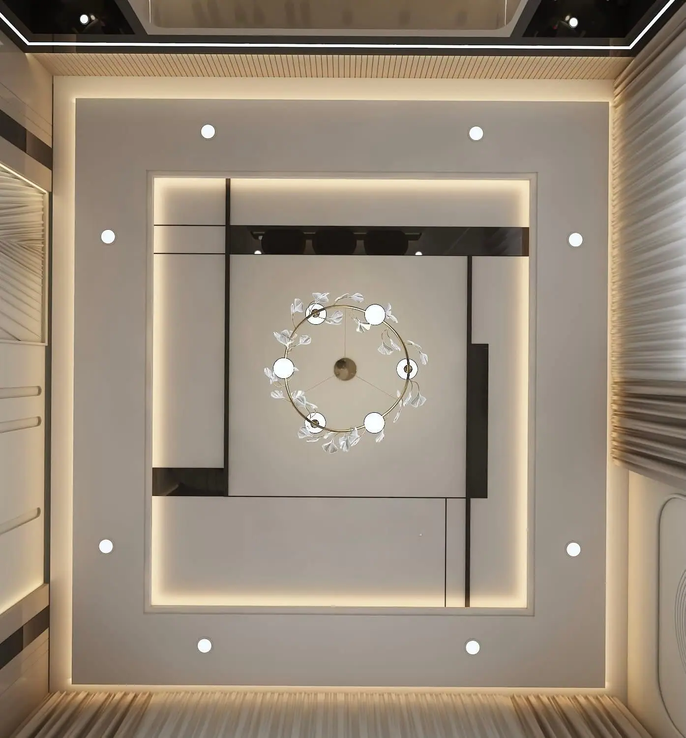 Plan view of a square false ceiling with inset lighting and a chandelier