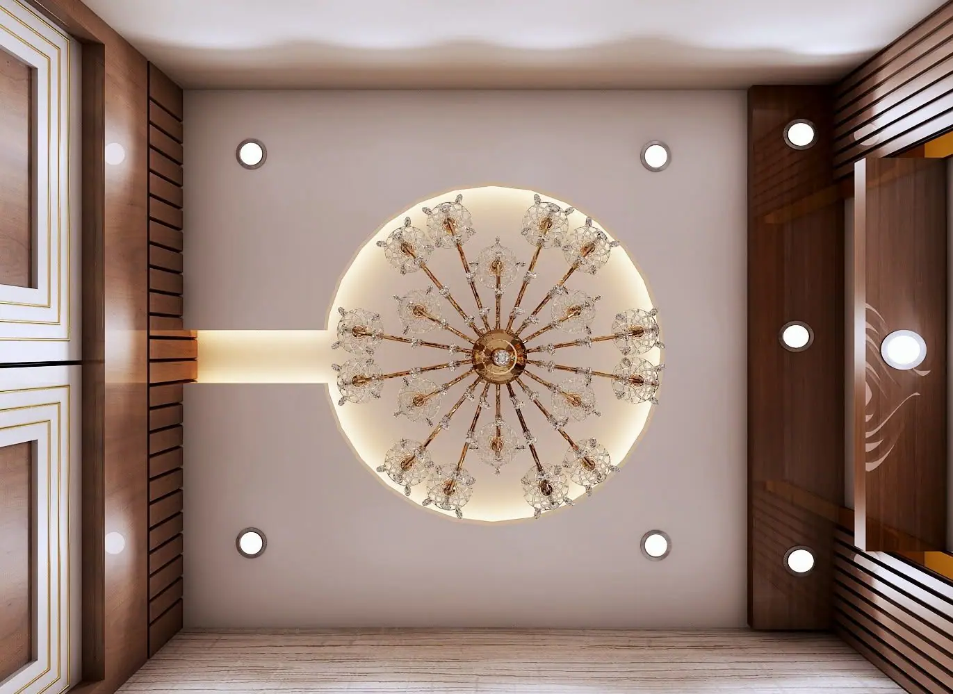 Plan view of a false ceiling with a circular medallion and spotlights
