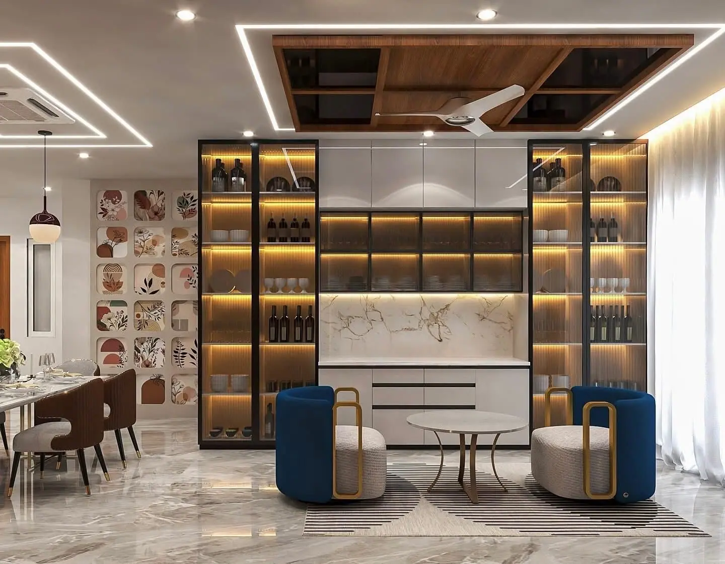 Dining space with a lit display and bar unit, open shelving and a lounge corner