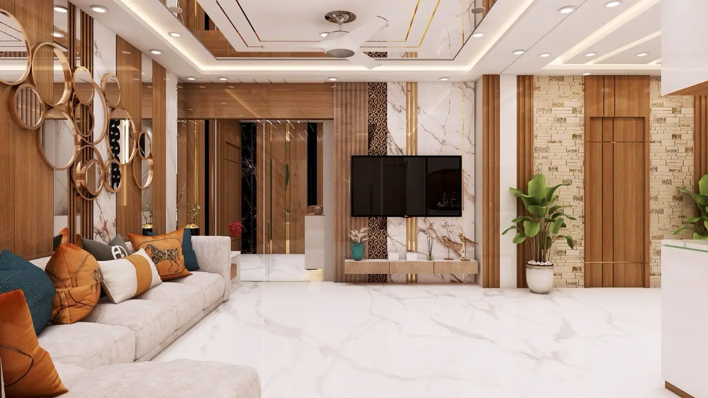 Living room design with a TV wall, round mirror cluster and warm wood panelling